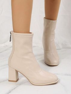 Color:Beige \nClosure Type:Back Zipper \nInsole Material:Fabric \nLining Material:Fabric \nOutsole Material:Rubber \nUpper Material:PU Leather \n Boots Beige, Boots Women Fashion, Womens Mid Calf Boots, Mid Calf Boots, Chunky Heel, Maternity Bag, Chunky Heels, Mid Calf, Luggage Bags