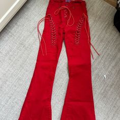 Flared Denim Pants From Edikted (Never Worn) Red Leather Pants, White Yoga Pants, Oversized Pants, Flared Denim, White Romper, Flare Leggings, Faux Leather Pants, Denim Flares, Knit Pants