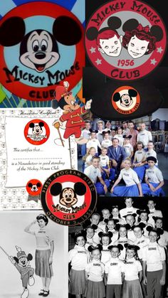 mickey mouse club collage with many pictures and logos on it's side, including an old photo of mickey mouse