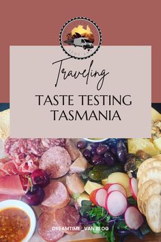 a plate full of food with the words traveling taste testing tamannaia on it