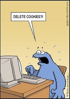 a cookie monster sitting at a desk with a computer and thought bubble above it that says delete cookies?