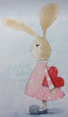 a painting of a rabbit with a heart in its hand and wearing a pink dress