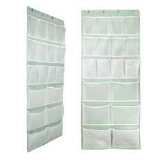 two white over the door hanging storage racks with polka dots on them and one holding several pockets