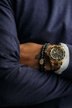 Yellow Gold Rolex Submariner Der Gentleman, Gold Rolex, Wrist Wear, Man Up, Sharp Dressed Man, Alexander Mcqueen Men, Black Bracelets, Blue Sweater