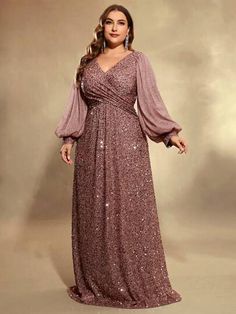 SHEIN LUNE Lantern Sleeve Sequined Evening Dress | SHEIN USA Mother Of Bride Plus Size Dresses, Grandma Dresses, Gowns For Plus Size Women, Plus Size Gala Dress, Plus Prom Dresses, Plus Size Evening Gown, Evening Dresses Online, Sequin Formal Dress, Sequin Evening Dresses