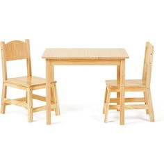 a wooden table and two chairs on a white background