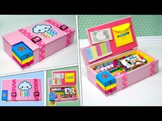 an open pink and yellow box filled with lots of toys