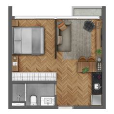 an overhead view of a bedroom and living room in a small apartment with wood flooring