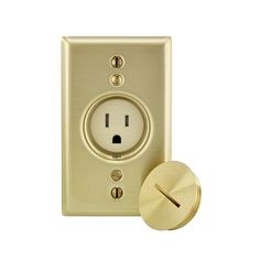 a gold plated electrical outlet with a round knob on the side and a white background