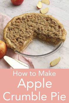 an apple crumble pie is cut in half and ready to be eaten