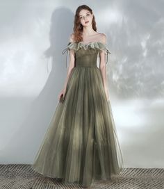 A Line Princess Dress, Ethereal Dress Prom, Cottagecore Green Prom Dress, Renisance Dresses, Fantasy Bridesmaid Dresses, Cottagecore Prom Dress Green, Light Brown Prom Dress, Fairy Prom Dresses, Formal Dresses Green