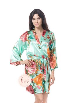 "Bridesmaid Robes, Bridal Robes, Bridal Party Gifts, Bridal Party Robes, Satin Robe, Wedding Robes, Satin Bridal Robe, Satin Bridesmaid Robe 🌸 Please noted this is Watercolor Floral Robe listing not plain robe listing. If you would like to purchase solid white robe for bride, please check out the listing below https://etsy.me/3cGgTdW This listing you can choose the robe with or without embroidery and also can choose 5 different sizes. Robe description - Kimono Style -Lightweight Polyester Satin Floral Print Satin Wedding Gown, Floral Satin Wedding Gown, Summer Wedding Gown In Green, Navy Bridal Parties, Bridal Robes Getting Ready, Wedding Day Robes, Satin Bridal Robe, Flower Girl Robes, Satin Bridesmaids Robes