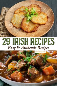 the cover of 29 irish recipes easy and authentic recipe book with images of meat, potatoes, carrots and gravy