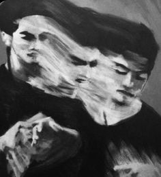 a black and white painting of two people hugging each other with their arms around one another