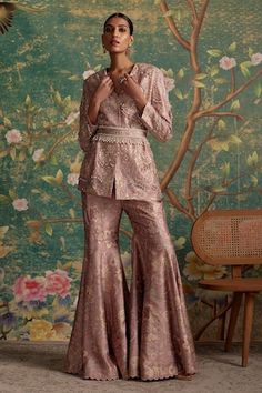 Dusky pink raw silk jacket with floral print and thread, pearls, green crystals and gold sequins embroidery. Comes with flared pant and a belt. - Aza Fashions Ridhi Mehra, Floral Print Jacket, Dusky Pink, Pant Suit, Stylish Jackets, Silk Jacket, Red Pants, Flared Pants, Embroidered Jacket