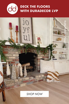 the fireplace is decorated with christmas decorations