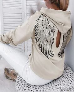 Lasaky - RECYCLED Sequin Wings Cutout Hooded Top Wings Pattern, Wing Pattern, Hooded Top, Hoodie Material, Long Sleeve Knit Sweaters, Hooded Tops, Trend Fashion, Pattern Sweater, Womens Clothing Stores