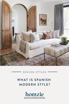 a living room with white furniture and wooden doors in the background text reads, what is spanish modern style?