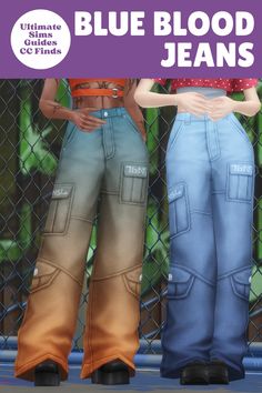 two people standing next to each other in front of a fence with the words blue blood jeans