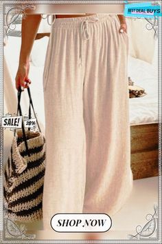 Solid Color Casual Cotton Linen Loose Trousers Chic Wide Leg Pants In Solid Color For Vacation, Chic Solid Color Wide Leg Pants For Vacation, Wide Leg Pants For Summer Vacation, Spring Solid Beige Wide Leg Pants, Spring Beige Wide Leg Pants, Casual Solid Wide Leg Pants For Summer, Beige Solid Color Bottoms For Vacation, Solid Color Beige Bottoms For Vacation, Wide Leg Summer Loungewear Pants