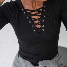 New Long Sleeve Ribbed Tee In 95% Polyester, 5% Spandex. Lace Up Detail With Silver Grommets At Neckline. Approximate Measurements: Bust 39”, Length 24 1/2”. Fits More Like A L Or M Edgy Ribbed Stretch Tops, Trendy Ribbed Black Top, Cutout Tank Top, Blue Halter Top, Zara Bodysuit, Ribbed Tee, Cowl Neck Tunic, Sheer Shirt, Long Sleeve Tunic