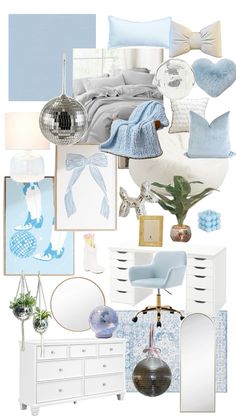 a collage of blue and white bedroom decor