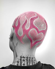 LOVE IS BLIND. 💕 two tone pink heart flames for @dreadlyss #pinkflames #buzzcutcolor #buzzcut #haircolor #hairart #haircolordesign… | Instagram Bleach Buzzed Hair Designs, Bleached Buzzcut Design, Buzz Cut Colored Hair, Dyed Buzzcut Design, Purple Buzzcut, Buzzed Head Dye Designs, Patterned Buzzcut Dye, Pink Buzzcut