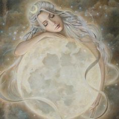 a painting of a woman with white hair holding the moon in her hands and looking down at it