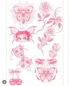 some pink and white drawings with flowers, dices and butterflies on them in the shape of hearts