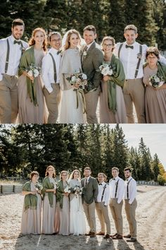 a group of people standing next to each other in front of trees and dirt ground