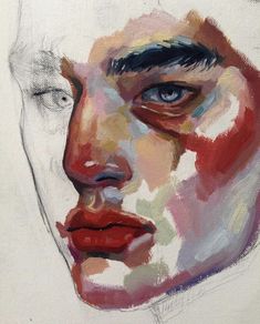 a painting of a woman's face with red lipstick and blue eyes is shown