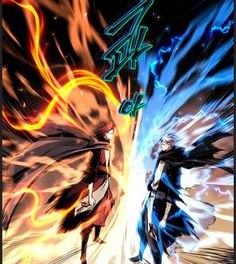 two anime characters are facing each other in front of an abstract background with blue and yellow lights