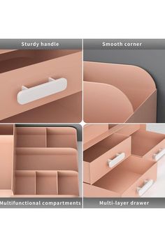 four different views of an office desk with drawers and dividers, including the top drawer