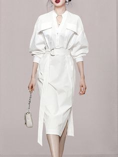 Long Sleeves Loose See-Through Split-Joint Split-Side Tied Waist V-Neck Midi Dresses Shirt Dress WHITE-XL Long Sleeve Office Dress, Safari Chic, Wrap Midi Dress, V Neck Midi Dress, Midi Shirt Dress, White Shirt Dress, Dress Midi, White Midi Dress, Side Split