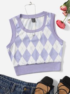 Argyle Pattern Tank Top Multicolor Casual   Fabric Geometric Tank Slight Stretch Spring Women Clothing, size features are:Bust: ,Length: ,Sleeve Length: Tartan Skirt, Argyle Pattern, Quick Outfits, Spring Women, Simple Trendy Outfits, Really Cute Outfits, Preppy Outfits, Cute Tops, Aesthetic Clothes