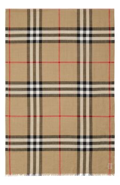 A gauzy, lightweight scarf is elegantly patterned with an oversized check print—breezy, versatile and stylish. 29" x 87"; 1/2" fringe. 51% wool, 49% silk. Dry clean. By Burberry; made in Italy. Burberry Check Pattern, Burberry Vintage Scarf, Burberry Aesthetic, Burberry Clothes, Winter Board, Giant Check, Burberry Pattern, Burberry Print, Burberry Plaid