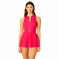 Feel stylish and feminine in our High Neck Zip Front Swim Dress. This solid color swim dress is designed with a chic high neck cut and a convenient front zipper at its center. The swimsuit removable cups also provide customizable support while copper-infused fabric offers anti-bacterial and anti-odor benefits for lasting freshness on your beach day. With a UPF 50+ rating, this swim dress will also provide sun protection. Enjoy an active beach day in style and comfort with this swim dress. High Neck Swim, Athletic Swim, Aqua Dress, Swimsuit Shops, Swim Dress, Swimwear Fashion, Beach Day, Upf 50, Sun Protection