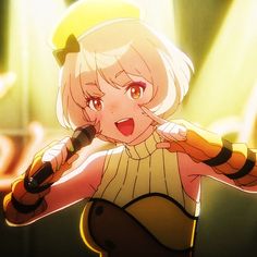 an anime character holding a microphone in her right hand