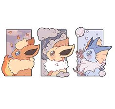 three pictures of different types of pokemon characters