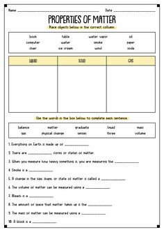 the properties of matter worksheet is shown in this image, and it shows