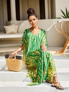 Lasaky - Womens Plus Size Boho Cover Up Dress - Tie Dye Striped V-Neck with Bat Sleeves and Split Design - Ideal for the Beach Green V-neck Maxi Dress For Beach Cover-up, Green V-neck Beach Dress For Vacation, Green V-neck Vacation Dress, Green V-neck Dress For Vacation, Green V-neck Maxi Dress Beach Cover-up, Green V-neck Maxi Dress For Beach, Green V-neck Maxi Dress For Vacation, Green Free Size Maxi Dress For Vacation, Green V-neck Kaftan For Summer