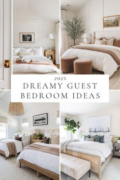 four different pictures with the words dreamy guest bedroom ideas in white and beige colors