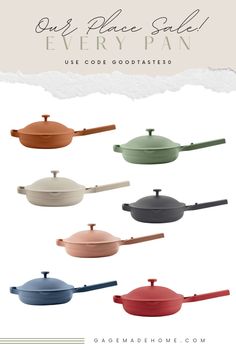 an assortment of pots and pans with the words our place sale every pan use code good