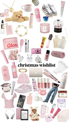 a collage of pink items with the words gloss on them in white