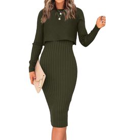 PRICES MAY VARY. ✿ ribbed knit sweater dress suit, Women 2 piece outfits set, long sleeve crop top and sleeveless tank bodycon midi dress, slim fit pencil sheath dress with elastic suit for all body shape, cozy and fashion ✿ 2 piece sweater set for women: 1pc crew neck raglan long sleeve crop tops + 1 pc U-neckline sleeveless tank pencil bodycon midi dress, knee length，cute ribbed, stylish and fashion ✿Occasion: The 2 Pieces Crop Sweater Dress Set Is Great For Party, Dinner, Club, Dating, office Dark Green Dress, Crop Pullover, Slim Fit Crop Top, Bodycon Sweater Dress, Pencil Skirt Dress, Sweater Dresses, Bodycon Midi Dress, Long Sleeve Sweater Dress, Sweater Dress Women