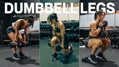 a woman squatting in the gym with dumbbells on her feet and knee