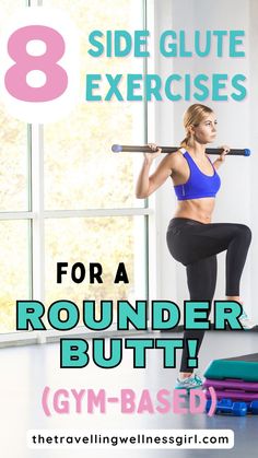 Pinterest pin showing a woman performing side glute exercises at the gym Week Glute Workout, Outer Glute Workout, Glute Workout Dumbell, Gluteus Medius Workout, Side Glute Exercises, Hamstring And Glute Workout, Side Glute Workout, Growing Exercises, Upper Glute Workout