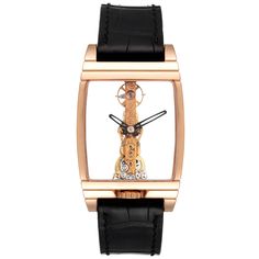 Corum Golden Bridge Classic Rose Gold Skeleton Mens Watch B113/01043. Manual-winding decorated linear movement.  Caliber CO 113. 19 Jewels. 18k rose gold tonneau sceleton case 34.00 x 51.00 mm. Transparent case back. The crown is located at the 6 o'clock position and is engraved with the Corum key. . Scratch resistant sapphire crystal. See thought Transparent  dial with skeleton rhodium-plated baton hands. Black leather strap with 18k rose gold tang buckle. Rose Gold Watch With Skeleton Dial As Gift, Rose Gold Watches With Skeleton Dial As Gift, Rose Gold Watch Accessories With Skeleton Dial As Gift, Yellow Gold Watches With Skeleton Dial For Gift, Rectangular Skeleton Dial Watch As A Gift, Rectangular Skeleton Dial Watch For Gift, Modern Diamond Watch With Skeleton Dial For Business, Rose Gold Watch With Skeleton Dial And Rectangular Shape, Modern Business Diamond Watch With Skeleton Dial