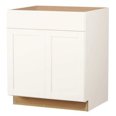 a white cabinet with two doors and one drawer on the bottom, in front of a white background