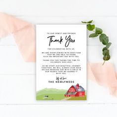 a thank card with the words, thank you and farm scene on it next to a pink ribbon